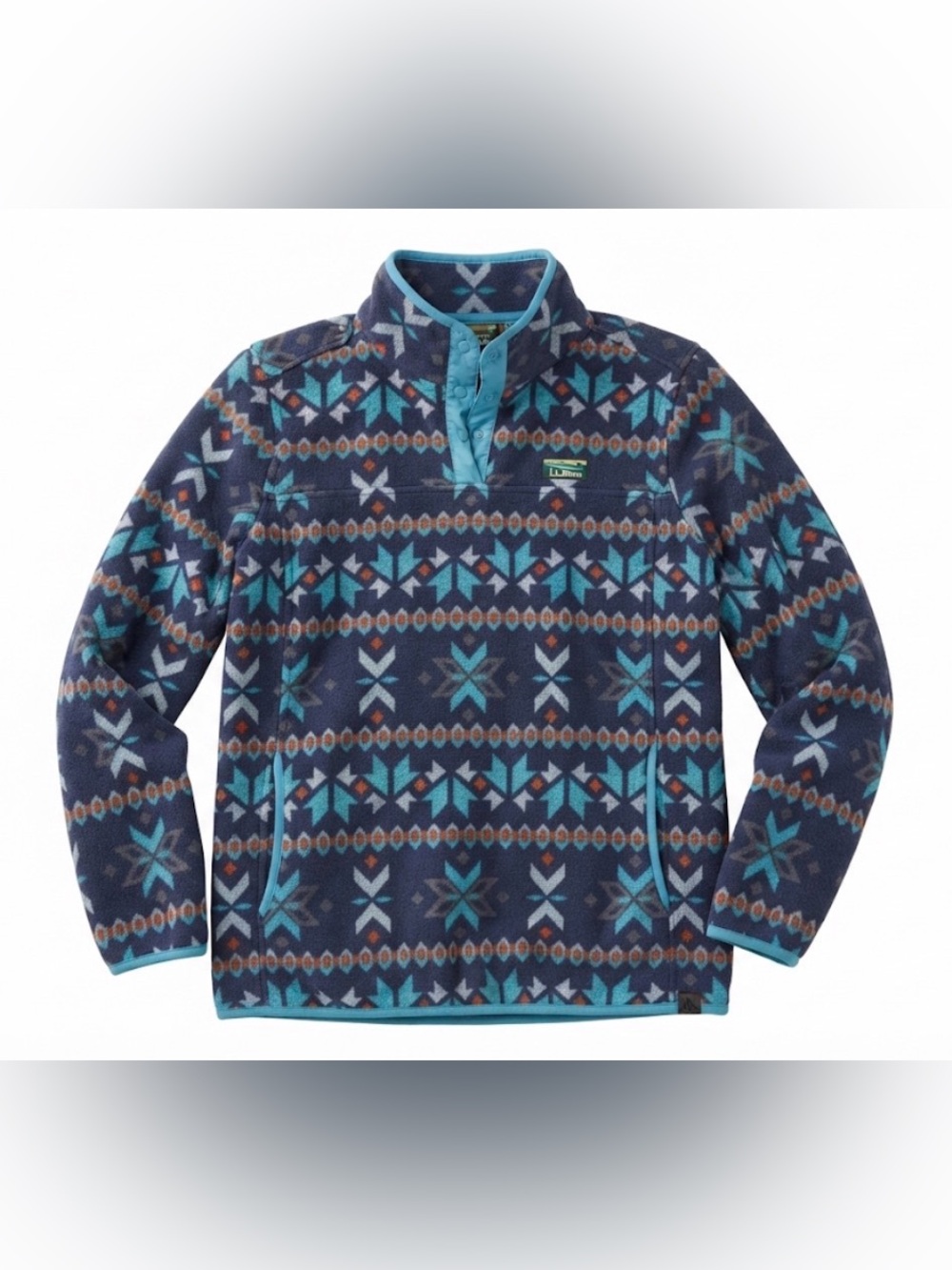 VTG L.L. Bean Blue Fair Isle Snowflake Print Fleece Snap Pullover Women's Large